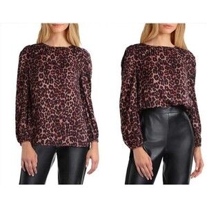 Gigi Parker Top Blouse Burlwood Leopard Boatneck Puffy Long-Sleeve Casual XL NEW